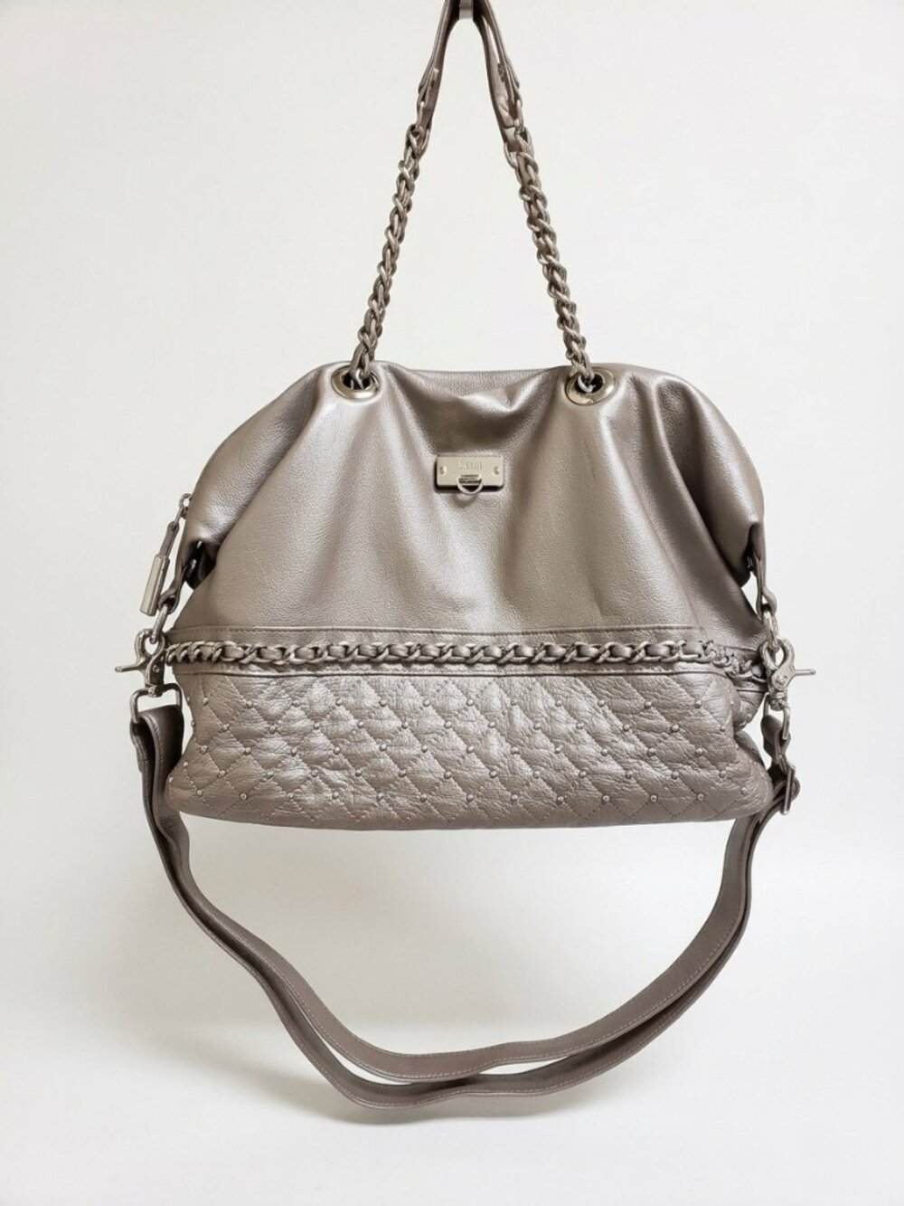 BODHI Metallic Gray Genuine Leather Slouchy Satchel Shoulder Bag Quilted Studded